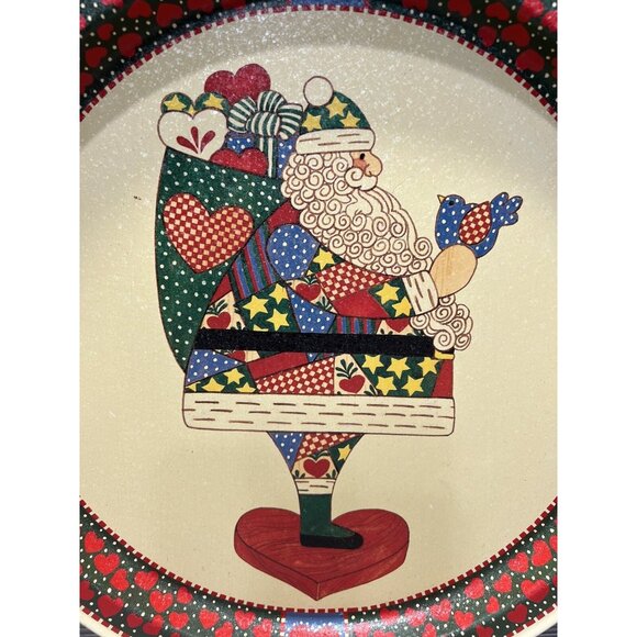 Vintage 1994 Metal Patchwork Folk Art Santa Christmas Round Serving Tray 13.25” - Picture 2 of 5